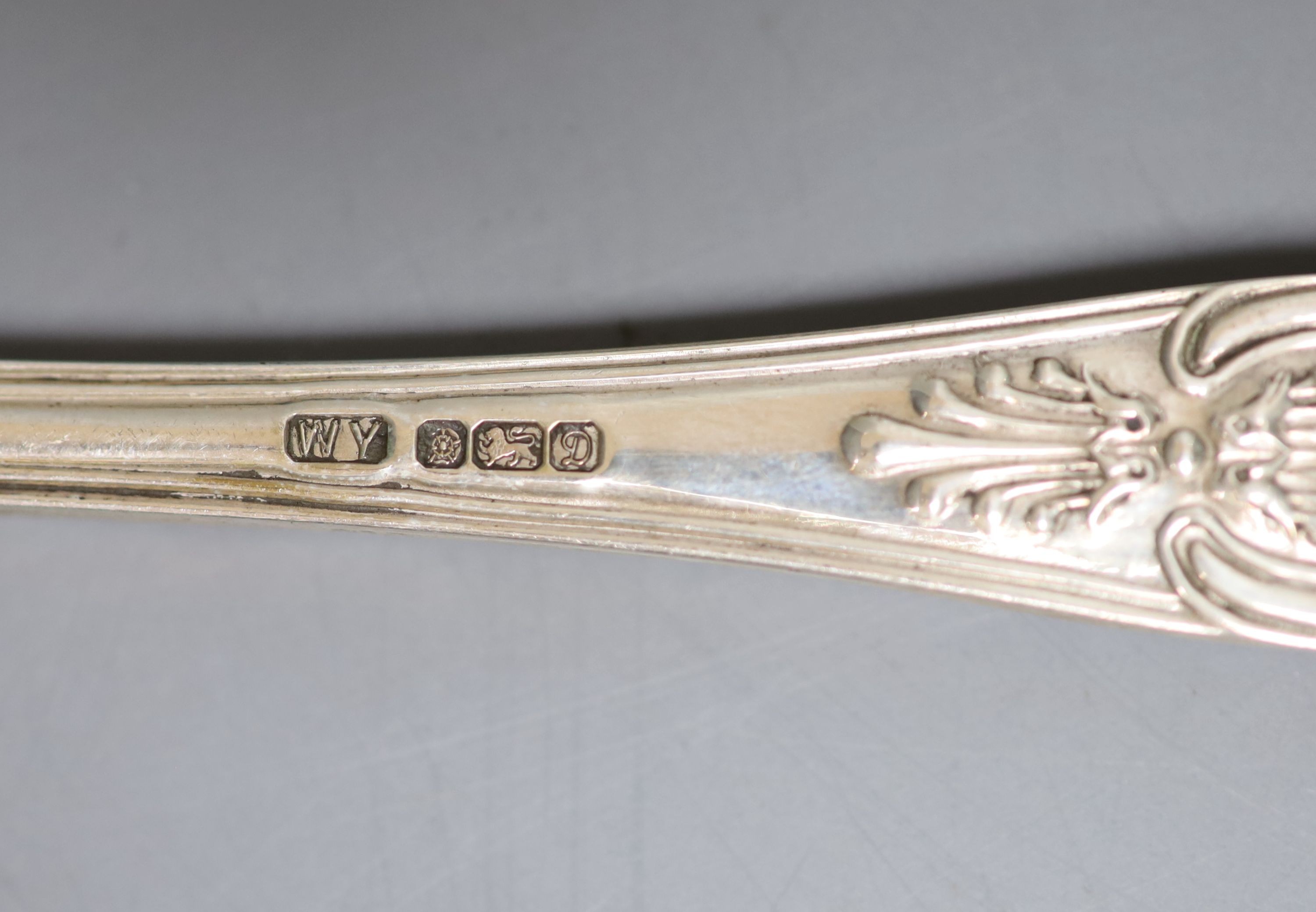A modern set of six silver Kings pattern soup spoons, William Yates Ltd, Sheffield, 1978, 12oz.